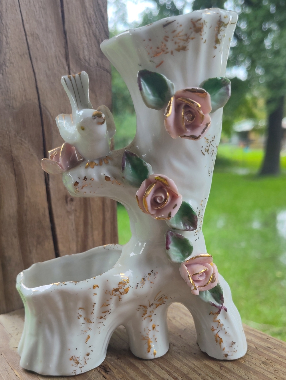 Vintage Porcelain Pink Rose & Bird DecorativeBud Vase - Unbranded